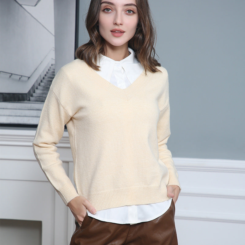 Damen eleganter V-Ausschnitt Pullover aus weichem Material mit überschnittenen Schultern Drune