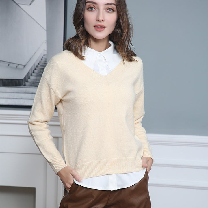 Damen eleganter V-Ausschnitt Pullover aus weichem Material mit überschnittenen Schultern Drune