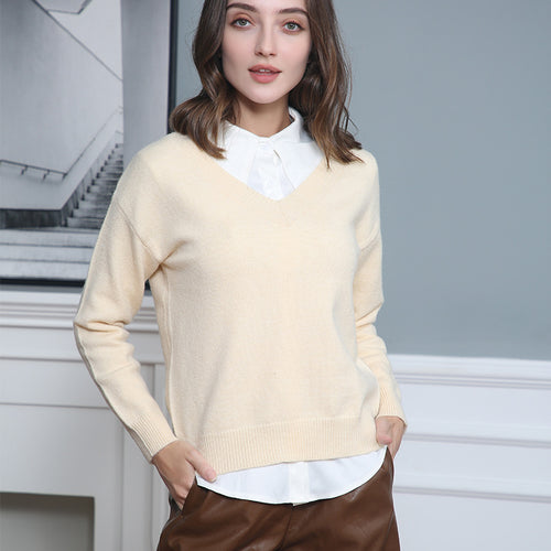 Damen eleganter V-Ausschnitt Pullover aus weichem Material mit überschnittenen Schultern Drune