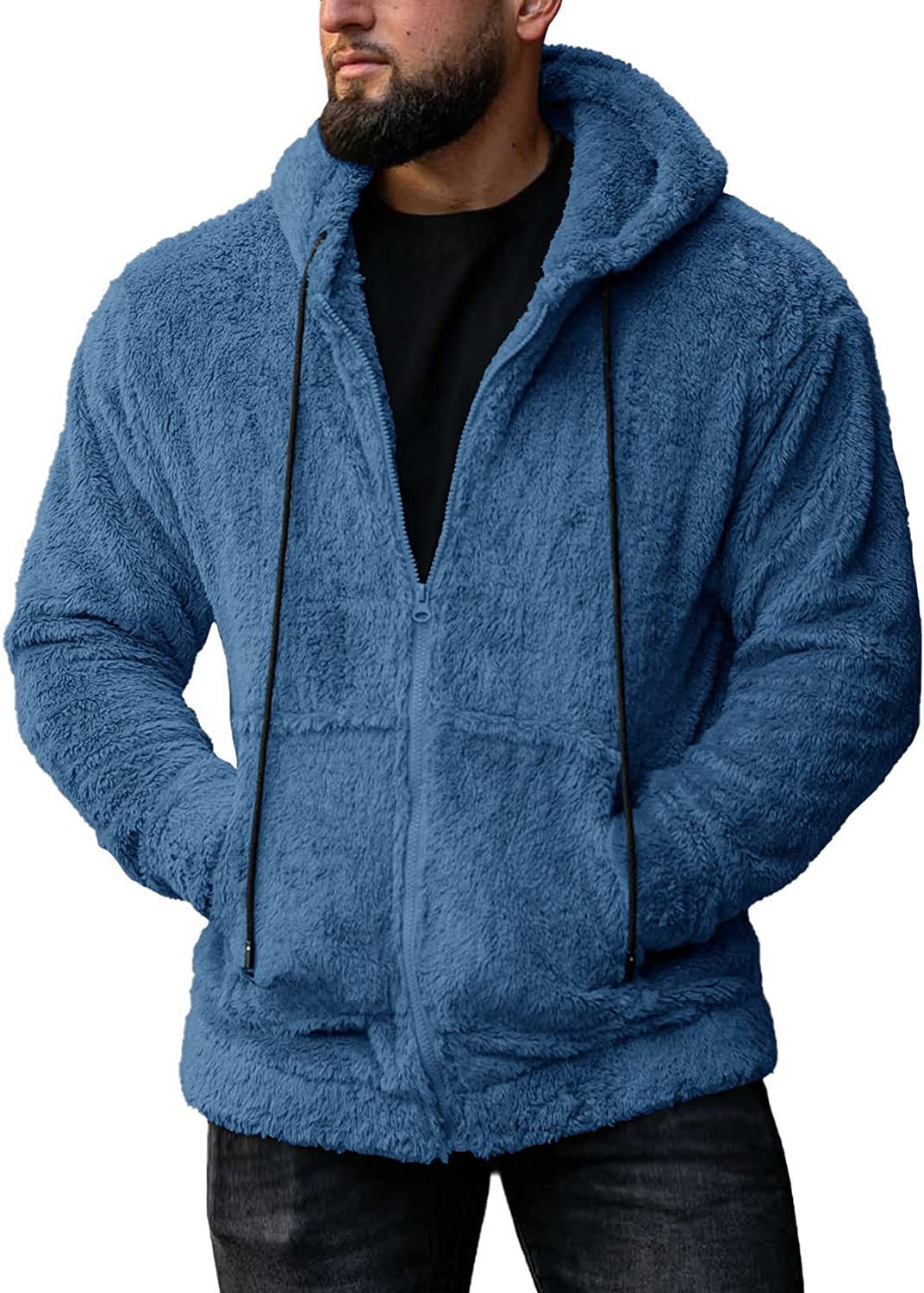 Herren nan Teddyplüsch Zip-Hoodie mit übergroßer Kapuze, verdecktem Reißverschluss und Eingrifftaschen Drune
