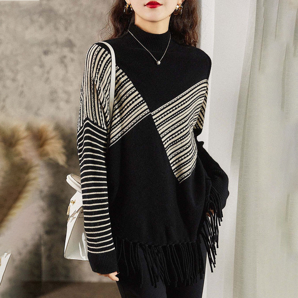 Damen Oversized Pullover mit grafischem Streifenmuster und Fransen Drune