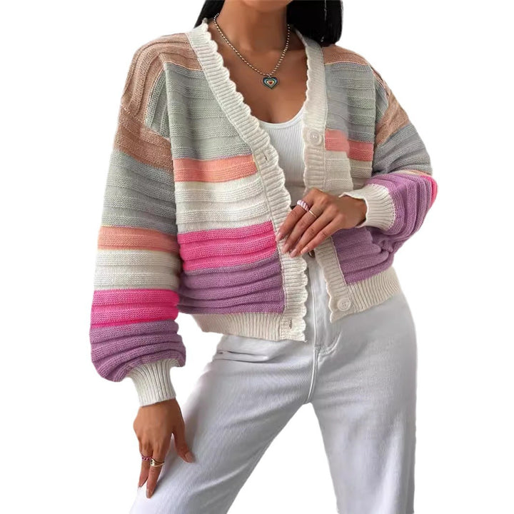 Damen Strickjacke mit modernem Streifenmuster und voluminösen Ärmeln Drune