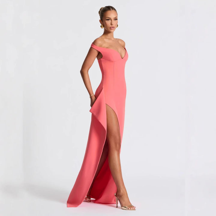 Damen Elegantes Maxikleid mit schulterfreiem Design und hohem Schlitz Drune