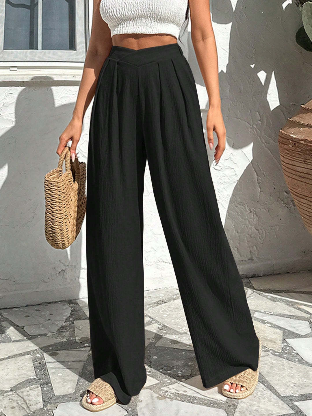Damen weite Hochtaillenhose mit eleganten Falten Drune