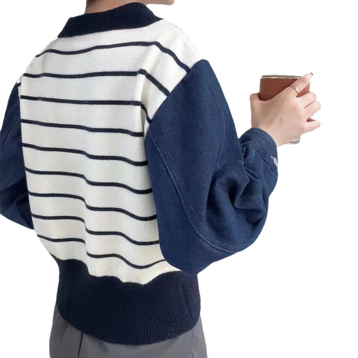 Damen eleganter Poloshirt-Pullover mit Kontrastkragen und dekorativen Knopfdetails Drune