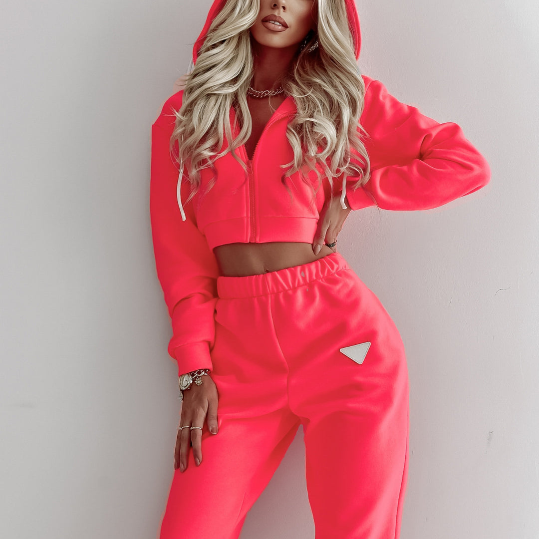 Damen nan Cropped Kapuzenjacke und High-Waist Jogginghose Set aus French Terry mit elastischem Bund Drune