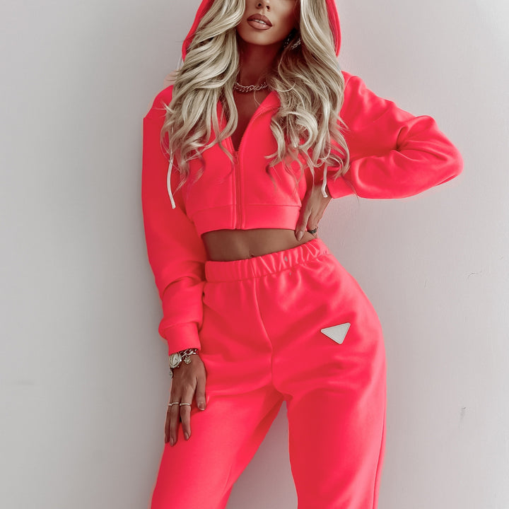 Damen nan Cropped Kapuzenjacke und High-Waist Jogginghose Set aus French Terry mit elastischem Bund Drune