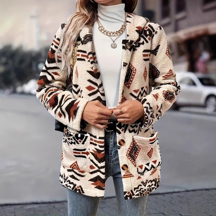 Damen Plüschjacke mit ethnischem Muster und praktischen Taschen Drune