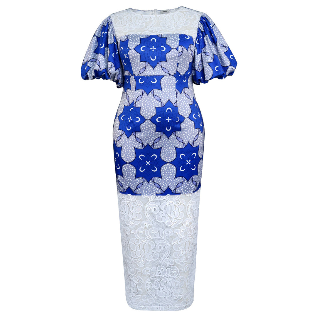 Damen Elegantes Midi-Langarmkleid mit floralem Muster und Puffärmeln Drune