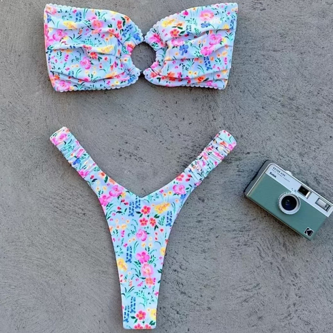 Damen Bandeau-Bikini mit Blumenmuster und Schlaufen-Detail Drune