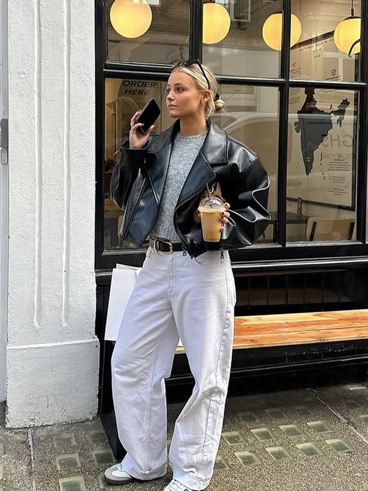 Damen modische Kunstlederjacke mit oversized Schnitt Drune
