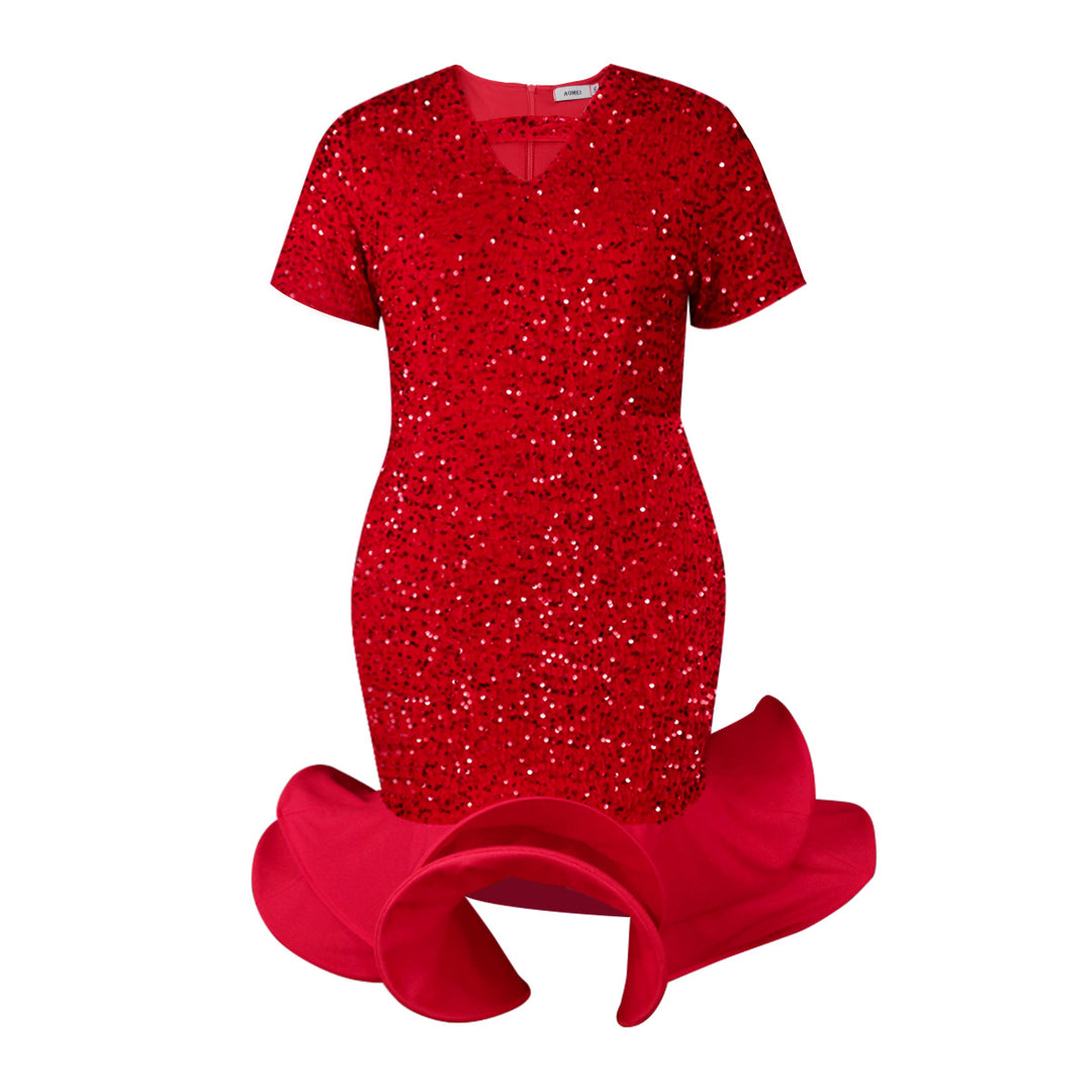 Damen glamouröses Abendkleid mit schimmernden Pailletten und voluminösem Saum Drune