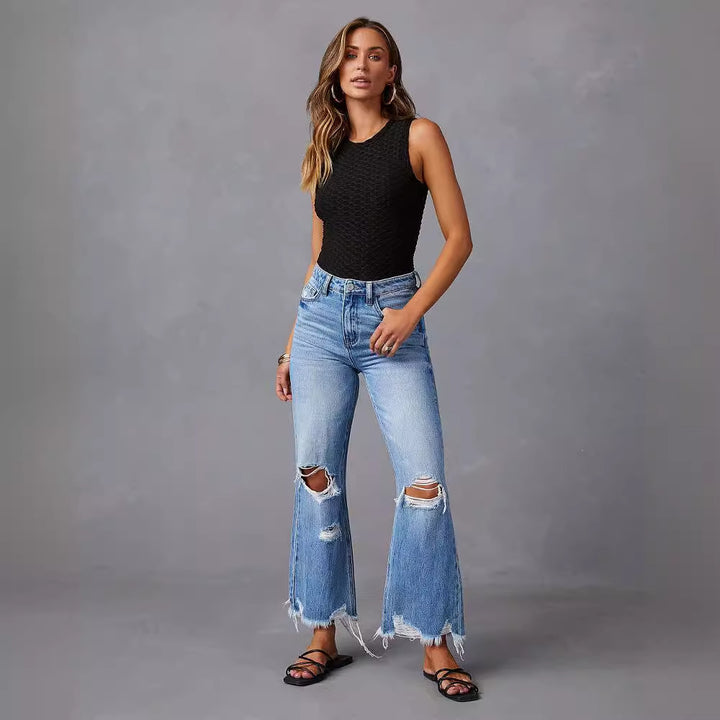 Damen weite High-Waist Jeans mit Destroyed-Details Drune