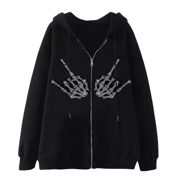 Damen Kapuzenjacke mit funkelndem Spinnenmotiv und praktischen Taschen Drune