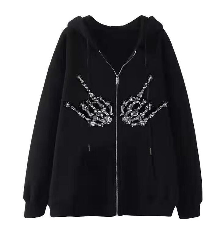 Damen Kapuzenjacke mit funkelndem Spinnenmotiv und praktischen Taschen Drune