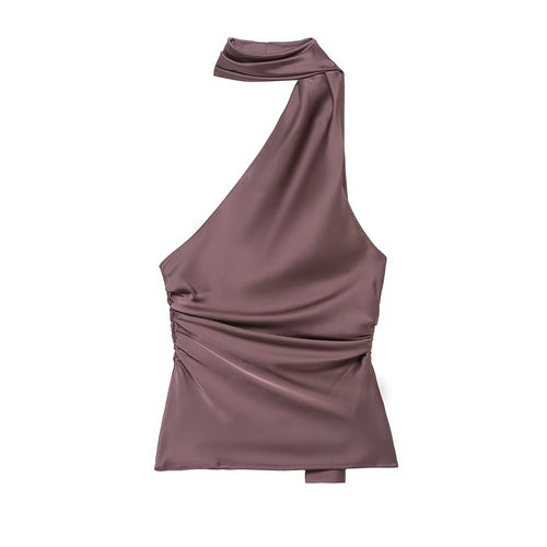 Damen asymmetrisches Top mit elegantem Halsschleifen-Design und Raffungen Drune
