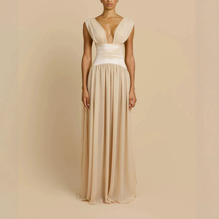 Damen Elegantes Langarm-Maxikleid mit tiefem V-Ausschnitt Drune