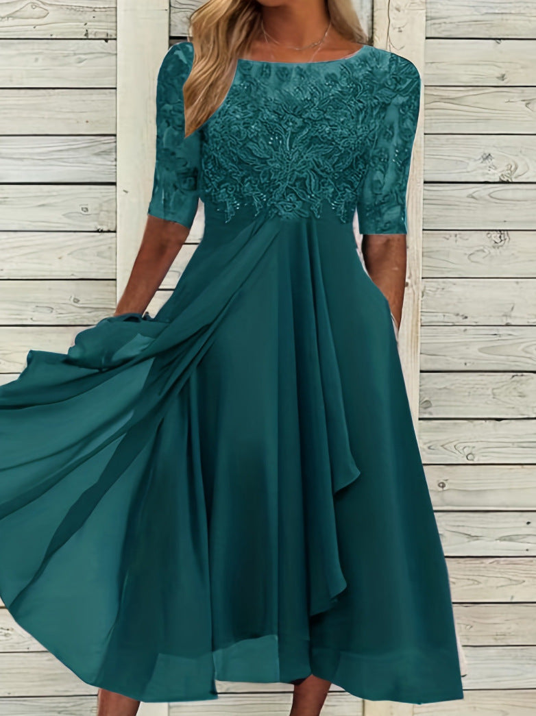 Damen nan elegantes Cocktailkleid mit bestickter Korsage, U-Boot-Ausschnitt und fließendem Chiffonrock Drune