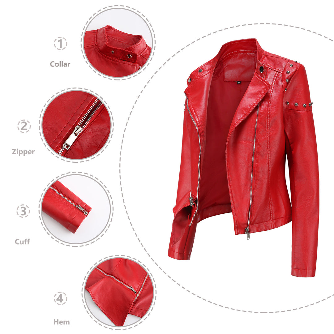 Damen nan asymmetrische Kunstleder-Bikerjacke mit Nietenapplikation und tailliertem Schößchen Drune