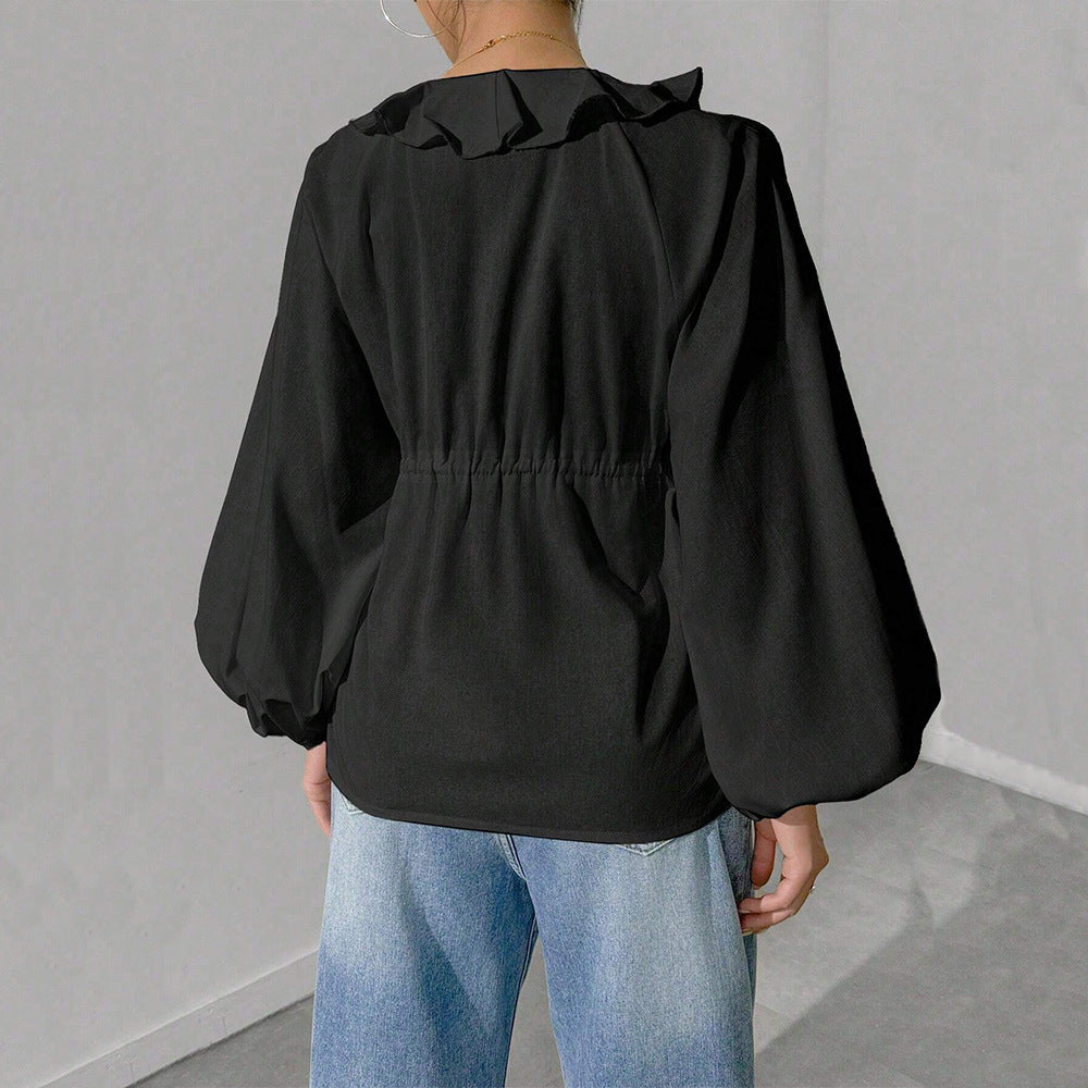 Damen blusenförmige Shirtjacke mit voluminösen Ärmeln und Rüschendetails Drune