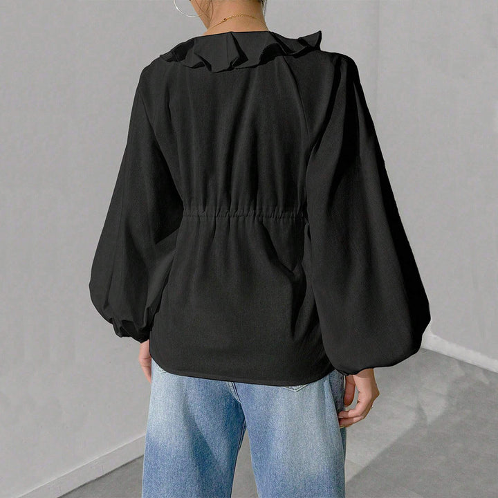 Damen blusenförmige Shirtjacke mit voluminösen Ärmeln und Rüschendetails Drune