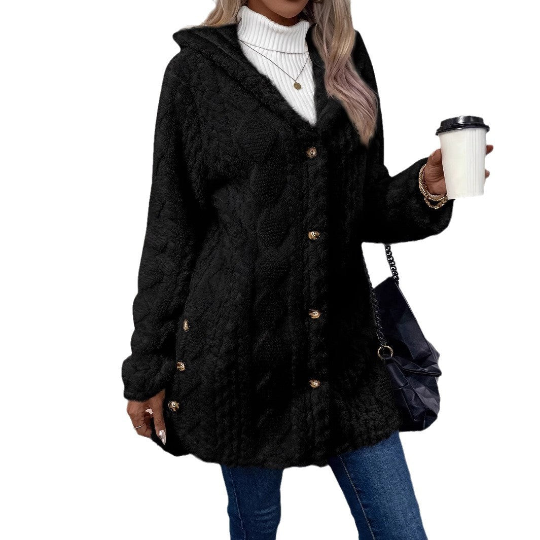 Damen Kapuzenjacke aus kuscheligem Teddyfell mit seitlichen Knöpfen Drune