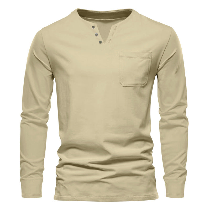 Herren nan modernes Henley-Langarmshirt mit asymmetrischer Knopfleiste und Brusttasche Drune