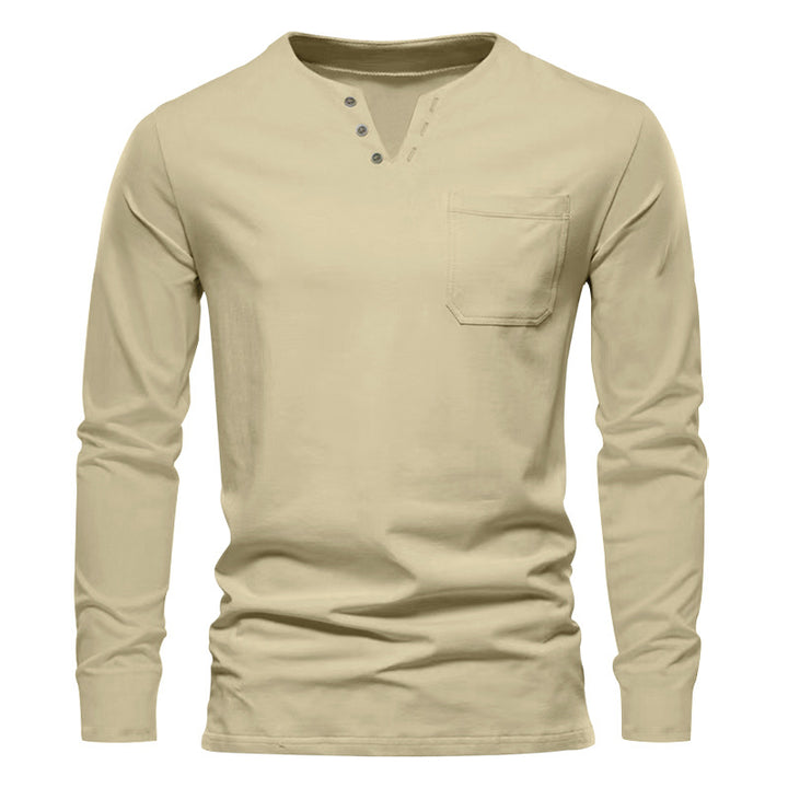 Herren nan modernes Henley-Langarmshirt mit asymmetrischer Knopfleiste und Brusttasche Drune
