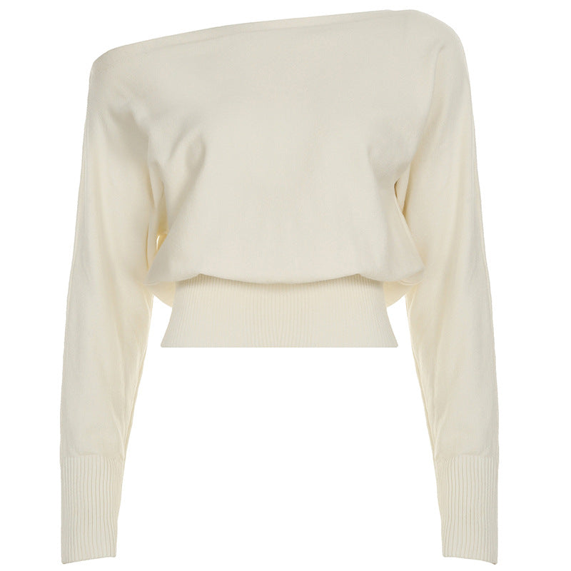 Damen nan schulterfreier Cropped-Feinstrickpullover mit weitem U-Boot-Ausschnitt und elastischem Rippbund Drune