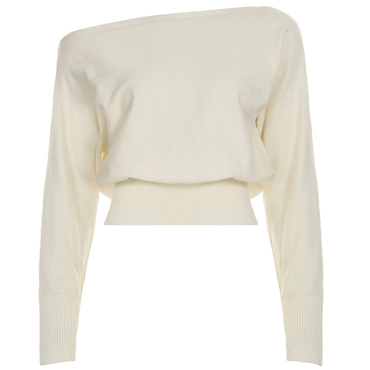 Damen nan schulterfreier Cropped-Feinstrickpullover mit weitem U-Boot-Ausschnitt und elastischem Rippbund Drune