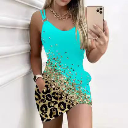 Damen Kurzarm Kleid mit Leopardenmuster und Strassverzierungen Drune