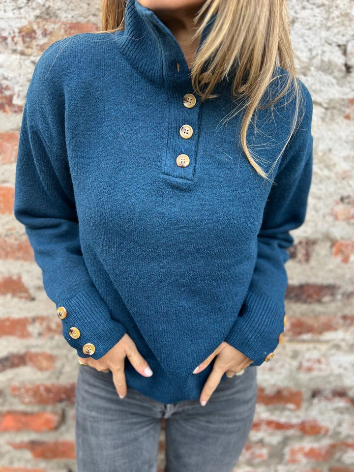 Damen kuscheliger Pullover mit hohem Kragen und dekorativen Knopfdetails Drune