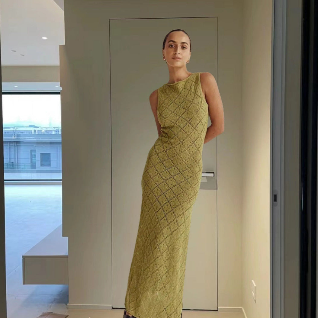 Damen Maxikleid mit dekorativem Rautengewebe und seitlichem Schlitz Drune