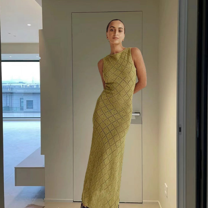 Damen Maxikleid mit dekorativem Rautengewebe und seitlichem Schlitz Drune
