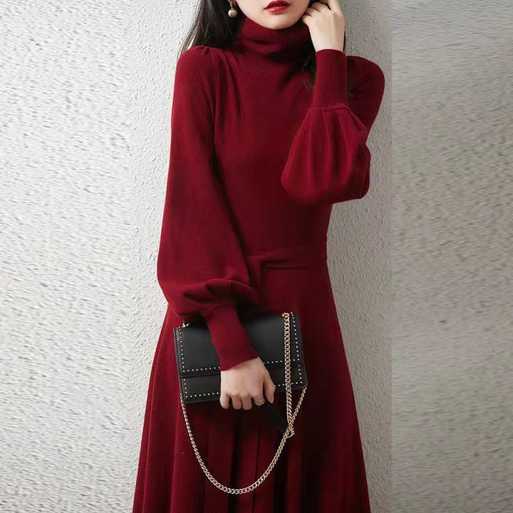 Damen Strickkleid mit hohem Kragen und Taillengürtel Drune