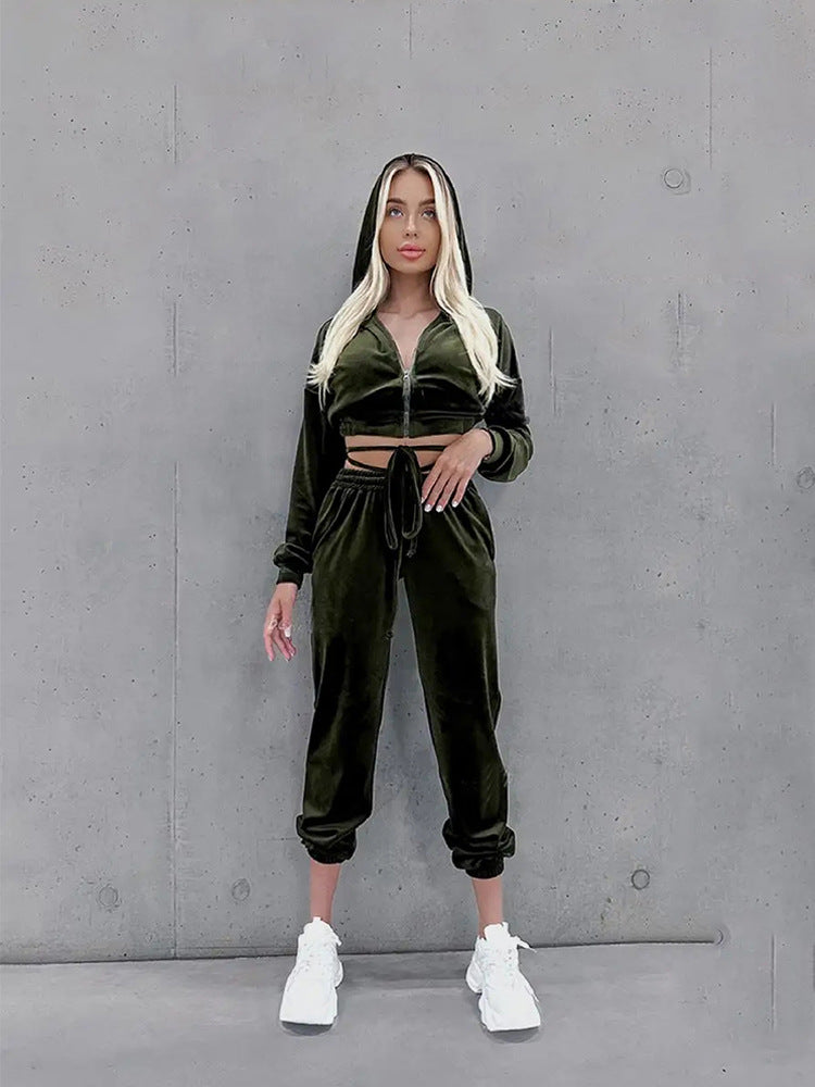 Damen sportlicher Cropped Fleece-Jogginganzug mit Reißverschluss und praktischen Taschen Drune