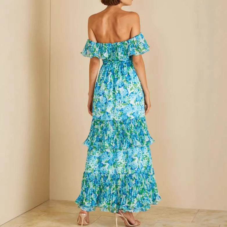 Damen maxi Kleid mit voluminösen Rüschendetails und floralem Design Drune