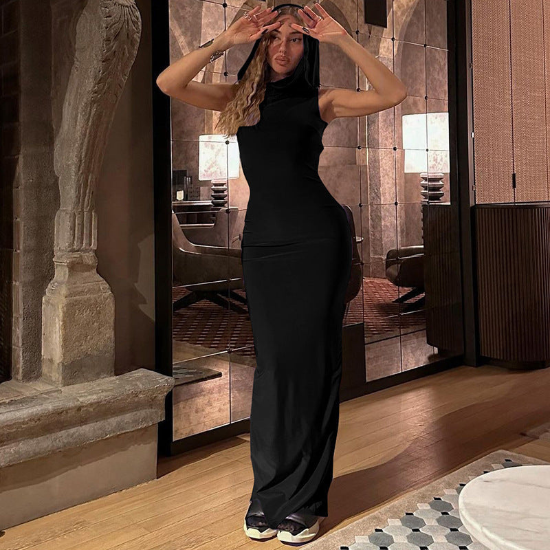 Damen figurbetontes Maxikleid mit Kapuze und sportlichem Touch Drune
