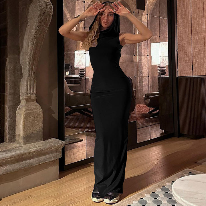 Damen figurbetontes Maxikleid mit Kapuze und sportlichem Touch Drune