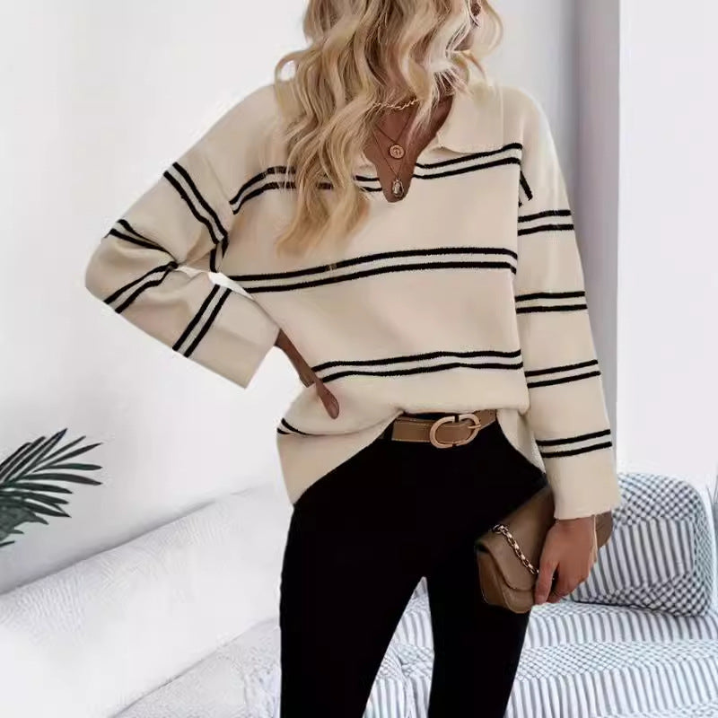 Damen Strickpullover mit V-Ausschnitt und Streifenmuster Drune
