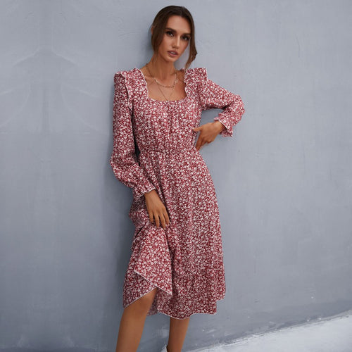 Damen romantisches Maxikleid mit Rüschendetails und floralen Mustern Drune