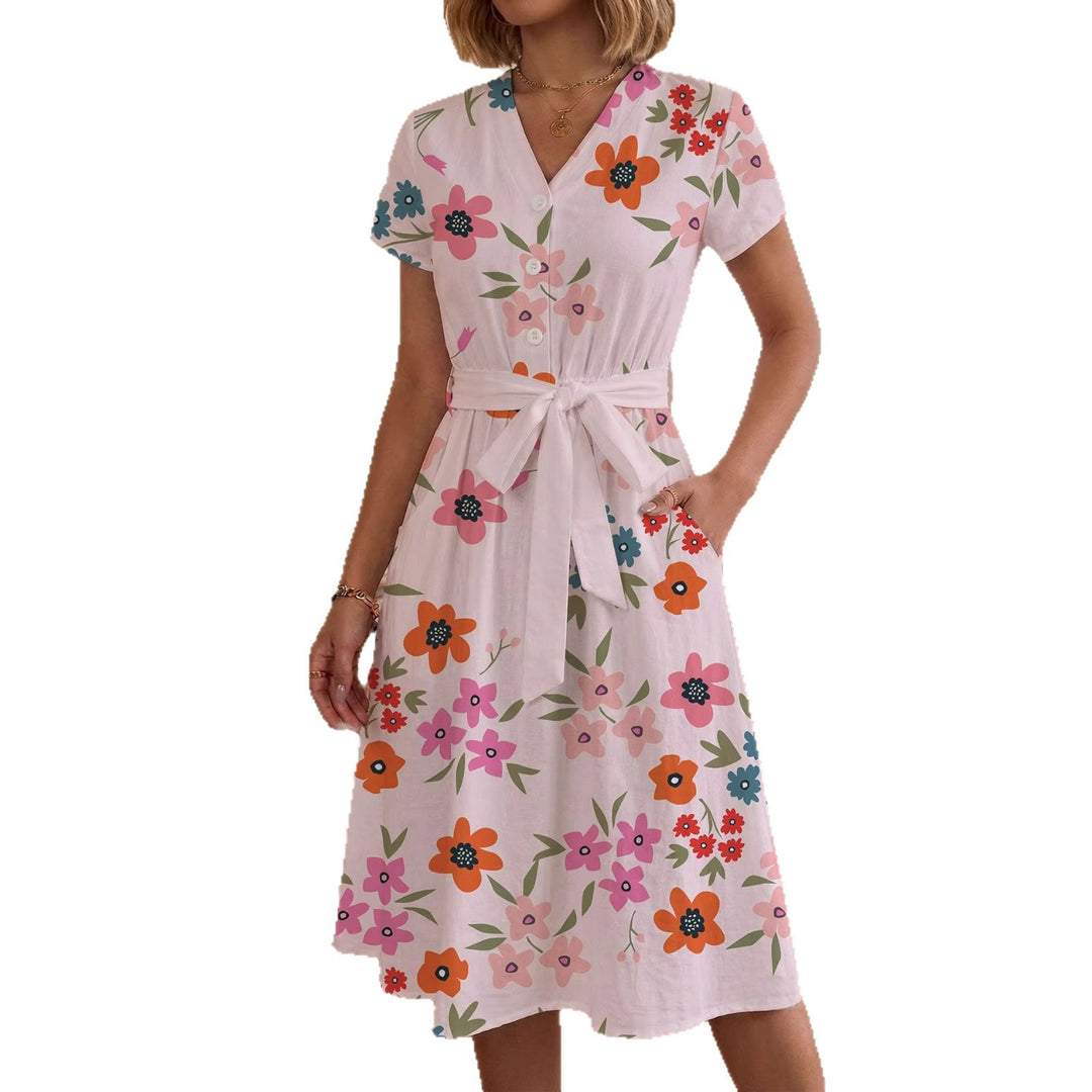 Damen lässiges Maxikleid mit taillierbarem Knoten und dekorativem Karomuster Drune