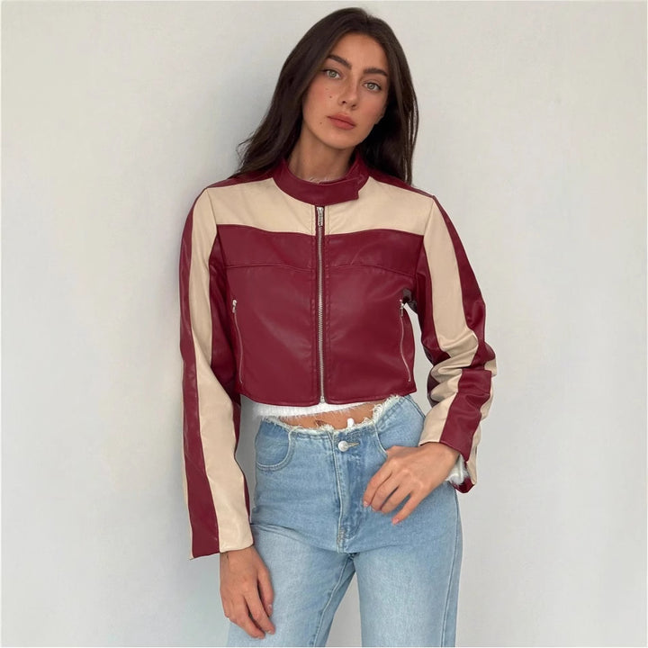 Damen cropped Kunstlederjacke mit kontrastierenden Einsätzen Drune