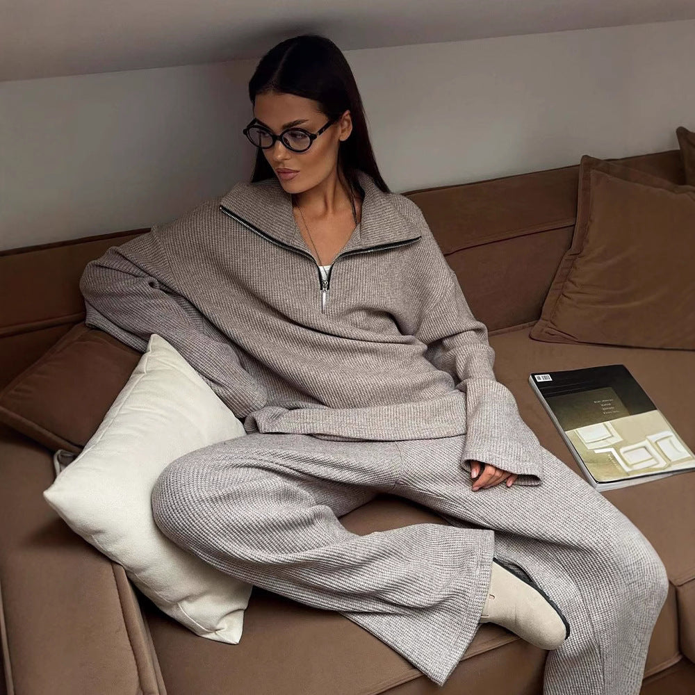 Damen Oversized Strickanzug mit hohem Kragen und Reißverschluss Drune