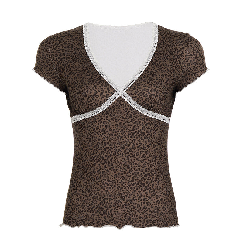 Damen T-Shirt mit elegantem Leopardenmuster und feiner Spitzendetail Drune