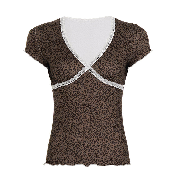 Damen T-Shirt mit elegantem Leopardenmuster und feiner Spitzendetail Drune