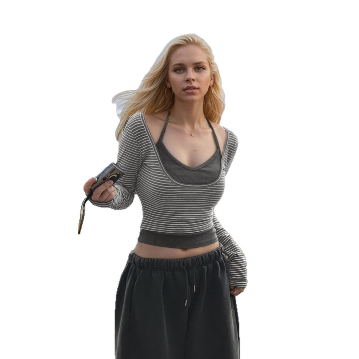 Damen nan gerafftes Layering-Cropped-Top mit integriertem Bustier und feinem Streifenstrick Drune