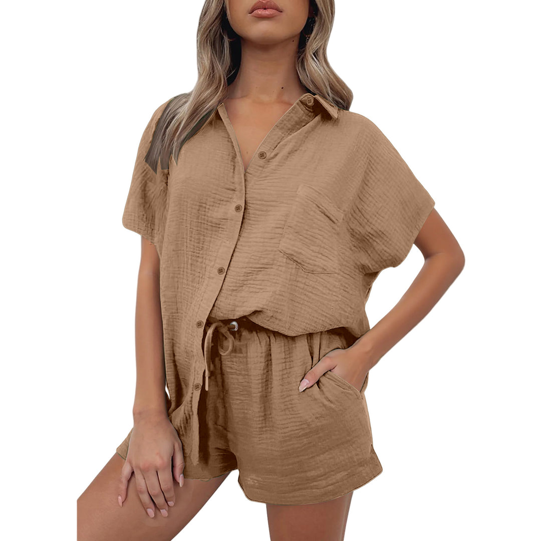 Damen lässiges Kurzarm-Hemd und Shorts Set aus strapazierfähigem Baumwollmaterial mit praktischen Taschen und elastischem Bund Drune