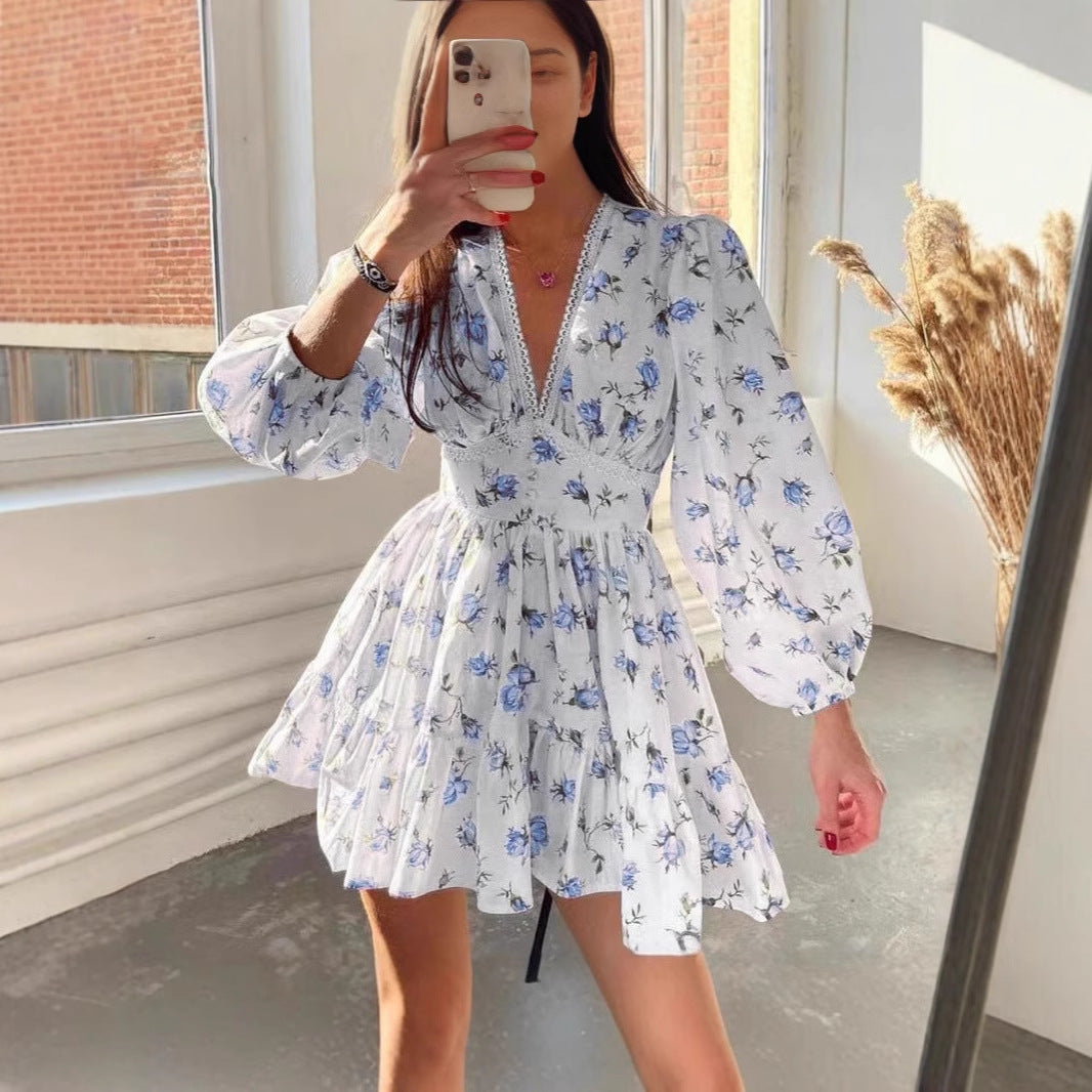 Damen romantisches Blumenkleid mit voluminösen Ärmeln Drune