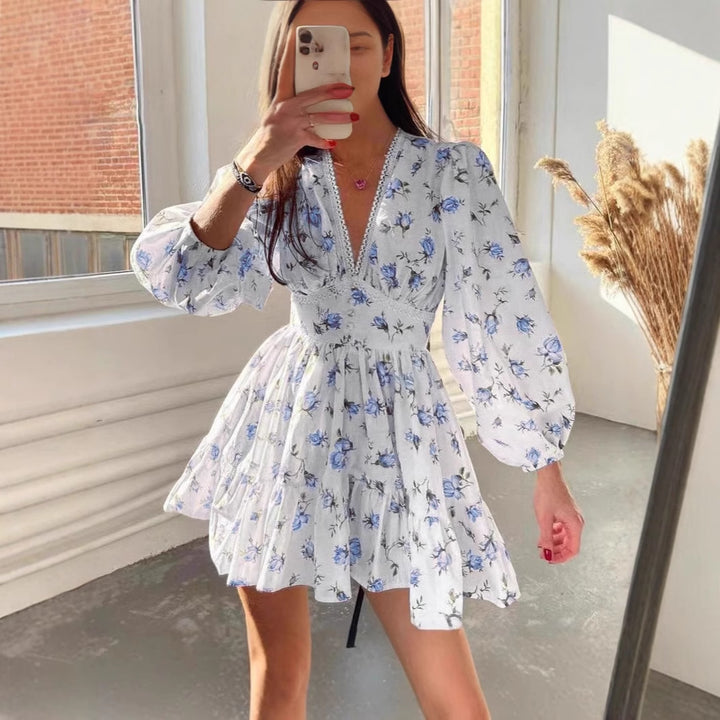 Damen romantisches Blumenkleid mit voluminösen Ärmeln Drune